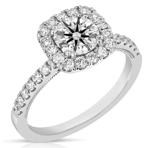 1 1/2 Ctw Round Diamond Cushion Halo Engagement Ring in White Gold