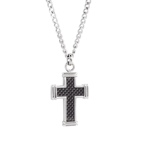 Italgem Steel Black Carbon Fibre Cross Necklace 22 Inch Curb Chain