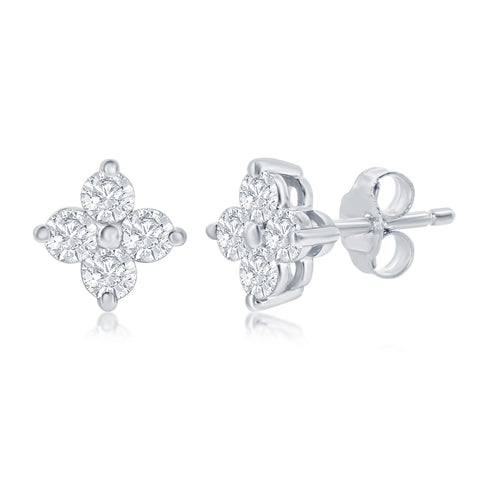 14K White Gold Diamond Floral Stud Earrings - 7/8ct Total, SI Clarity