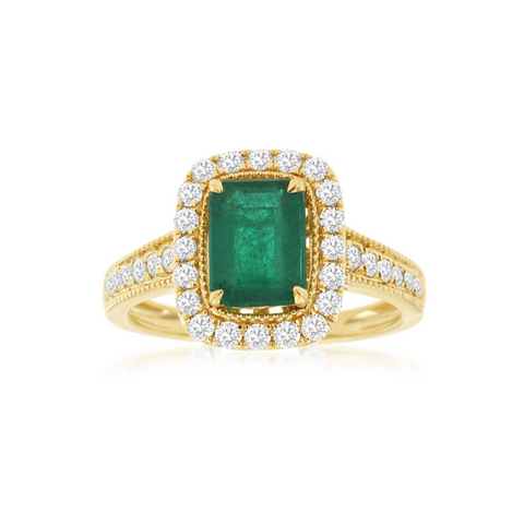 14 Karat Yellow Gold Emerald Cut Emerald and Diamond Halo Ring