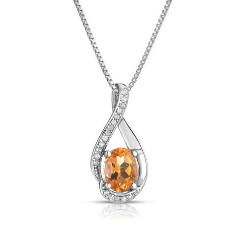 Oval Citrine Diamond Swirl November Birthstone Pendant in Sterling Silver