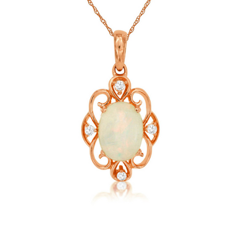 14 Karat Rose Gold Oval Opal and Diamond Pendant