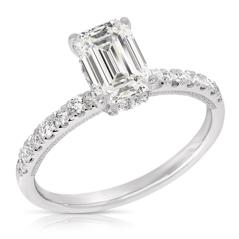 2.00 Ctw Emerald Cut Hidden Halo Lab Grown Diamond Engagement Ring in 14 Karat White Gold