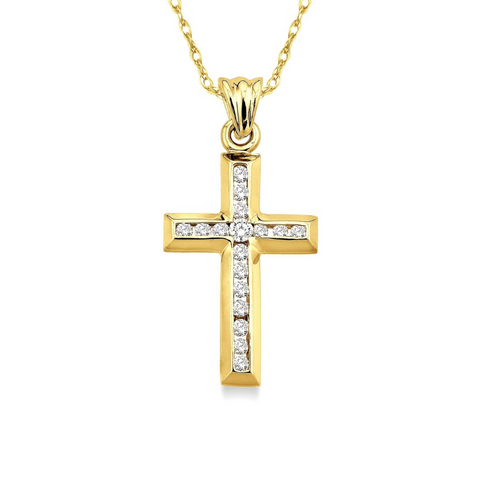 1/4 Ctw Round Cut Diamond Cross Pendant in 10K Yellow Gold with Chain