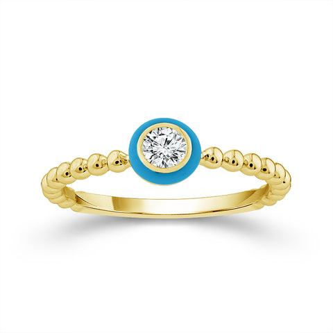 1/4 Carat Blue Halo Bezel Set Diamond Ring in 14 Karat Yellow Gold