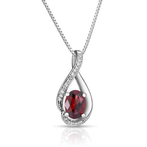 Oval Garnet Diamond Swirl January Birthstone Pendant in Sterling Silver