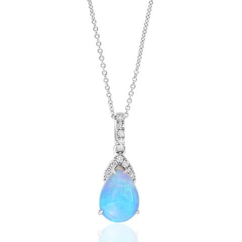 14K White Gold Pear-Shaped Ethiopian Opal and Diamond Pendant with Adjustable Chain