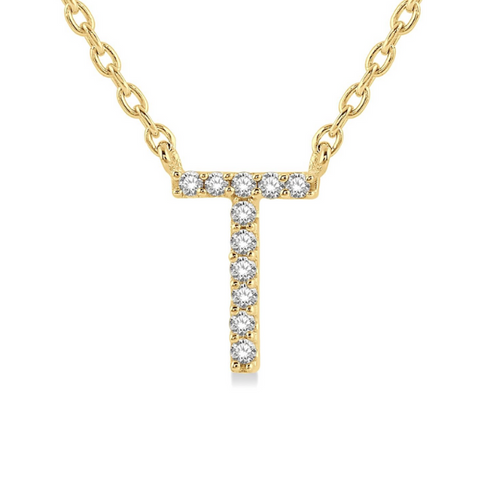 1/20 ctw Initial 'T' Round Cut Diamond Pendant With Chain in 10K Yellow Gold