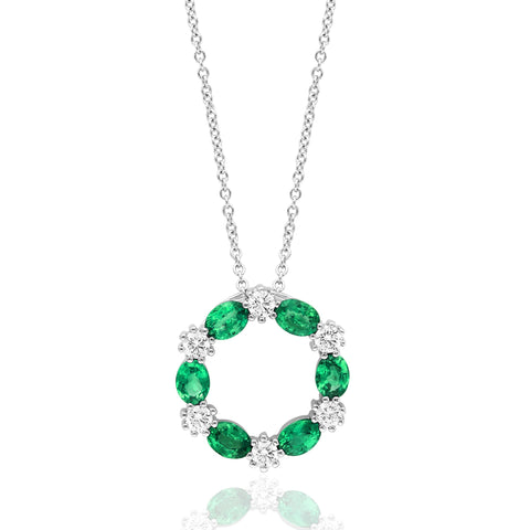 14K White Gold Emerald and Diamond Wreath Pendant with Adjustable Chain