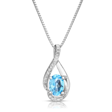 Oval Blue Topaz Diamond Swirl December Birthstone Pendant in Sterling Silver