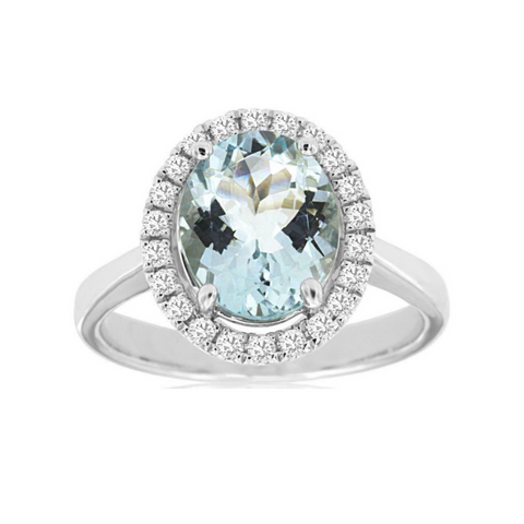 14 Karat White Gold 2 1/4 Carat Aquamarine and Diamond Halo Ring