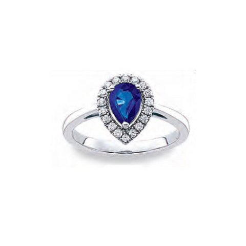 Pear Shape Created Blue Sapphire Diamond Halo Ring in 10k White Gold