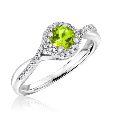 Peridot and Diamond Halo August Birthstone Ring in Sterling Silver