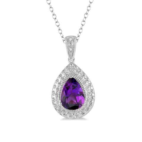 1/50 Ctw Pear Shape 9x6 MM Amethyst & Round Cut Diamond Semi Precious Pendant With Chain in Sterling Silver