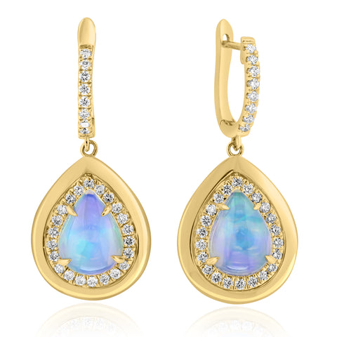 14K Yellow Gold Dangle Earrings with Pear Shape Ethiopian Opals and Diamond Halo