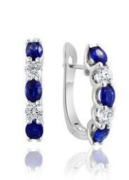 14K White Gold Oval Sapphire and Diamond Hoop Earrings