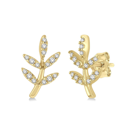 1/8 ctw Leaf Motif Round Cut Diamond Petite Fashion Earring in 10K Yellow Gold