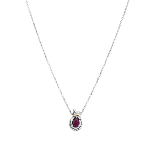 Phillip Gavriel Sterling Silver 18K Gold Love Knot Pear Shaped Ruby July Birthstone Pendant