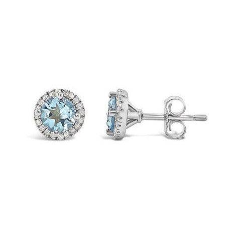 Round Aquamarine and Diamond Halo March Birthstone Earrings in Sterling Silver