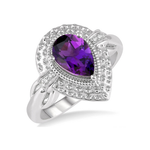 1/50 ctw Pear Shape 9x6mm Amethyst & Round Cut Diamond Semi Precious Ring in Sterling Silver