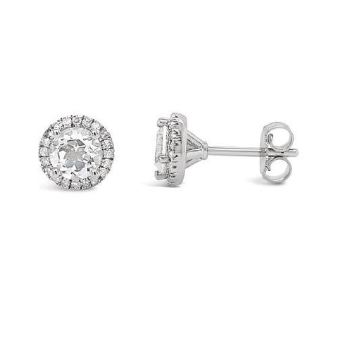 6mm White Topaz and Diamond Halo Stud Earrings - Sterling Silver, 1/6ct Diamonds