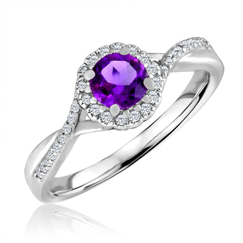 Amethyst and Diamond Halo February Birthstone Ring in Sterling Silver