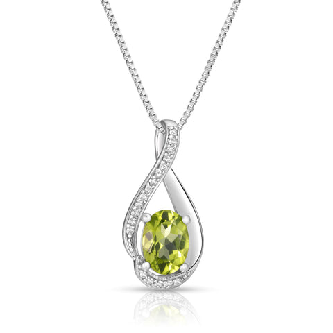 Oval Peridot Diamond Swirl August  Birthstone Pendant in Sterling Silver