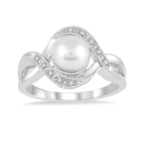 Sterling Silver 1/20ctw Diamond and 7x7mm Cultured Pearl Ring