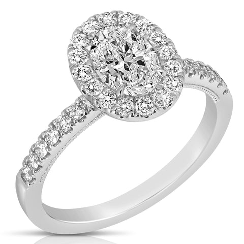 1 1/4 Ctw Oval Diamond Halo Engagement Ring in White Gold