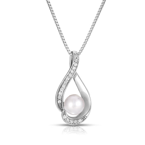 Round Pearl Diamond Swirl June Birthstone Pendant in Sterling Silver