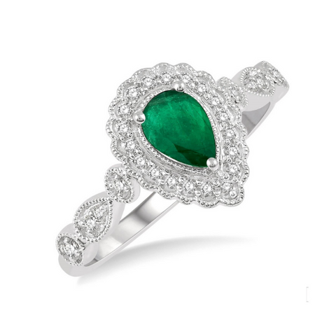 10 Karat White Gold 1/6ctw Pear Shape 6x4mm Emerald and Round Cut Diamond Ring