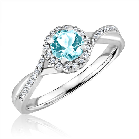 Aquamarine and Diamond Halo March Birthstone Ring in Sterling Silver