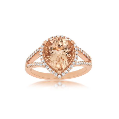 14 Karat Rose Gold Pear Cut Morganite and Diamond Halo Ring