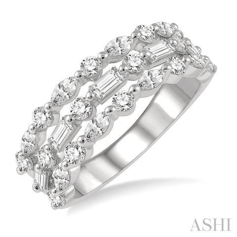 1 1/2 Ctw Triple Fusion Baguette, Marquise and Round Cut Diamond Fashion Band in 14K White Gold