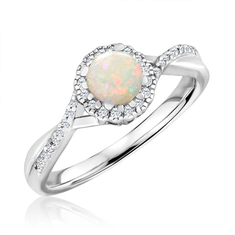 Opal and Diamond Halo October Birthstone Ring in Sterling Silver