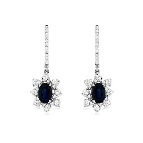 14 Karat White Gold 1 9/10 Carat Oval Sapphire Diamond Halo Earrings