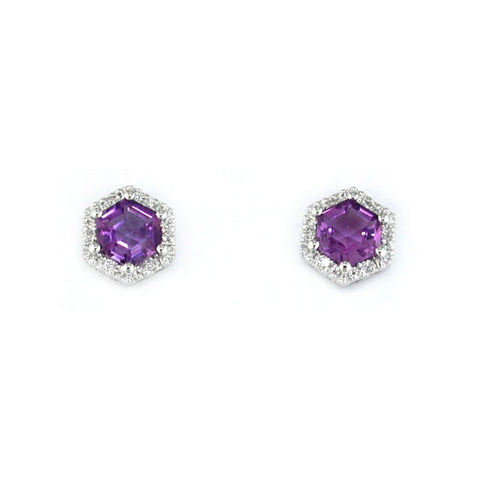 Amethyst and Diamond Halo Earrings in 14 Karat White Gold