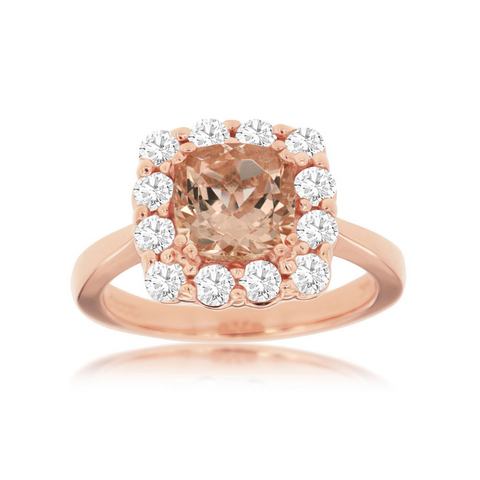 14 Karat Rose Gold 2 Carat Cushion Cut Morganite Diamond Halo Ring