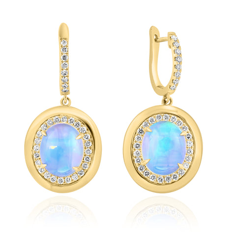 14K Yellow Gold Dangle Earrings with Oval Shape Ethiopian Opals and Diamond Halo