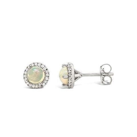 Round Opal and Diamond Halo October Birthstone Earrings in Sterling Silver