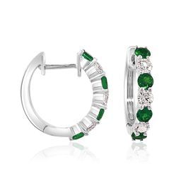 14K White Gold Emerald and Diamond Hoop Earrings