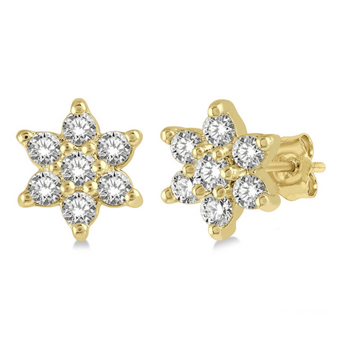 1/6 ctw Floral Round Cut Diamond Petite Fashion Earring in 10K Yellow Gold