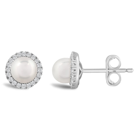 Round Pearl and Diamond Halo June Birthstone Earrings in Sterling Silver