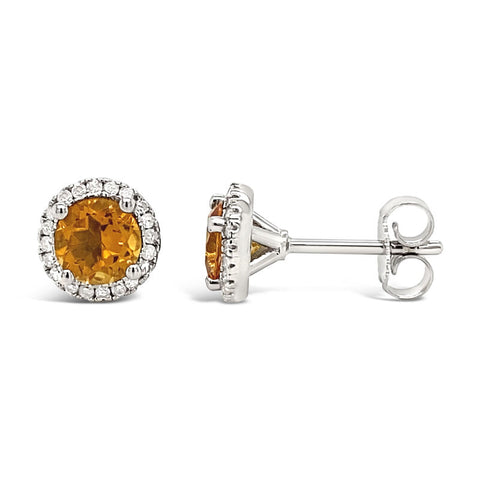 Round Citrine and Diamond Halo November Birthstone Earrings in Sterling Silver