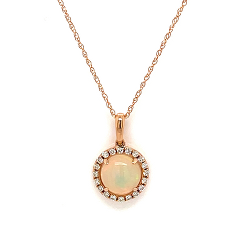 14 Karat Rose Gold 4/5 Carat Round Opal Diamond Halo Pendant