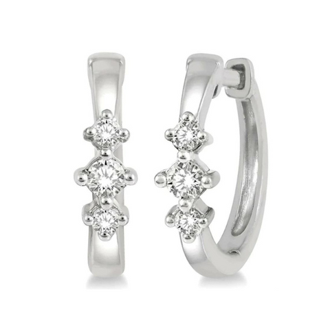 1/6 ctw Three Stone Round Cut Diamond Huggie Earrings in 10K White Gold