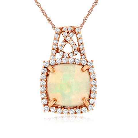 14 Karat Rose Gold Cushion Cut Opal and Diamond Pendant