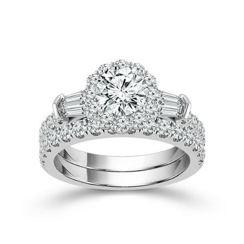 14k White Gold 2 Carat Round and Baguette Lab Grown Diamond Wedding Set