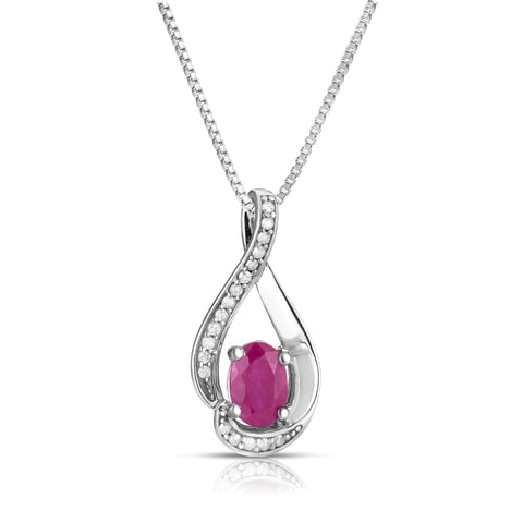 Oval Ruby Diamond Swirl July Birthstone Pendant in Sterling Silver