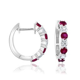 14K White Gold Ruby and Diamond Hoop Earrings